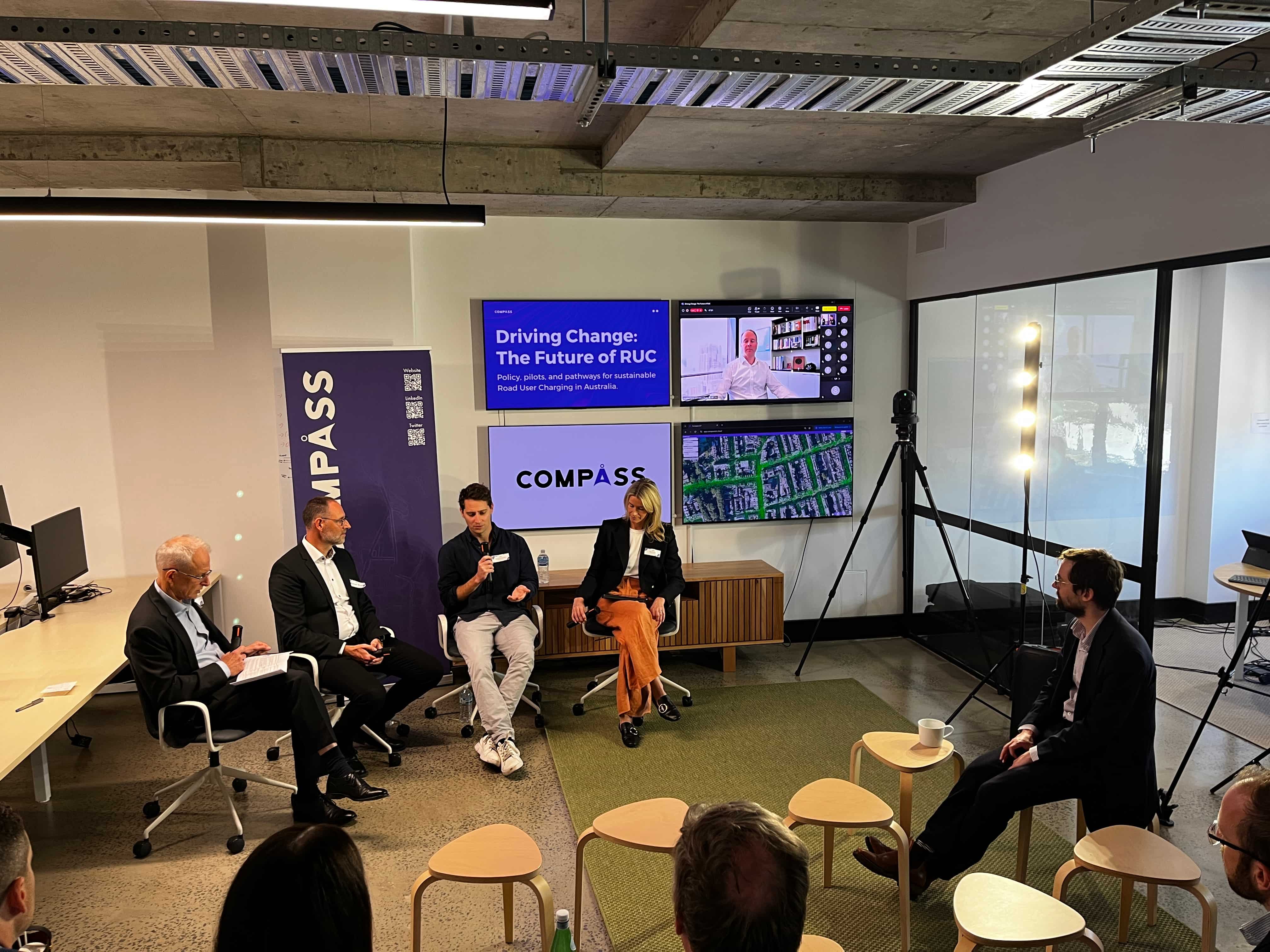 The panel discussing the future of Road User Charging in Australia. This panel features Paul Fletcher, Prof. Michiel Bliemer, Angus McDonald, Silje Troseth, and (virtually) Jonathan Spear. They discuss the role of connected vehicles in road user charging, the benefits, the challenges, and the steps needed for reform to happen.