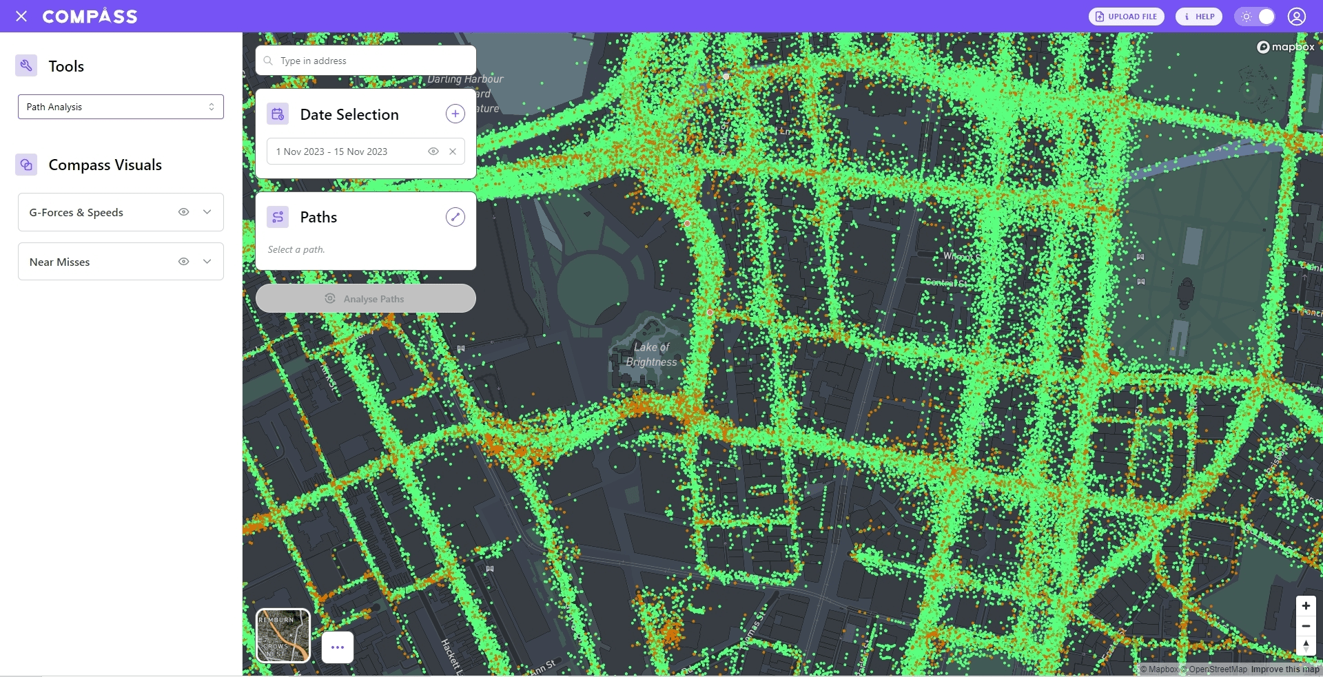 Compass Road Intelligence platform showing the Path Analysis tool, with g-force and near-miss points mapped across a city street network