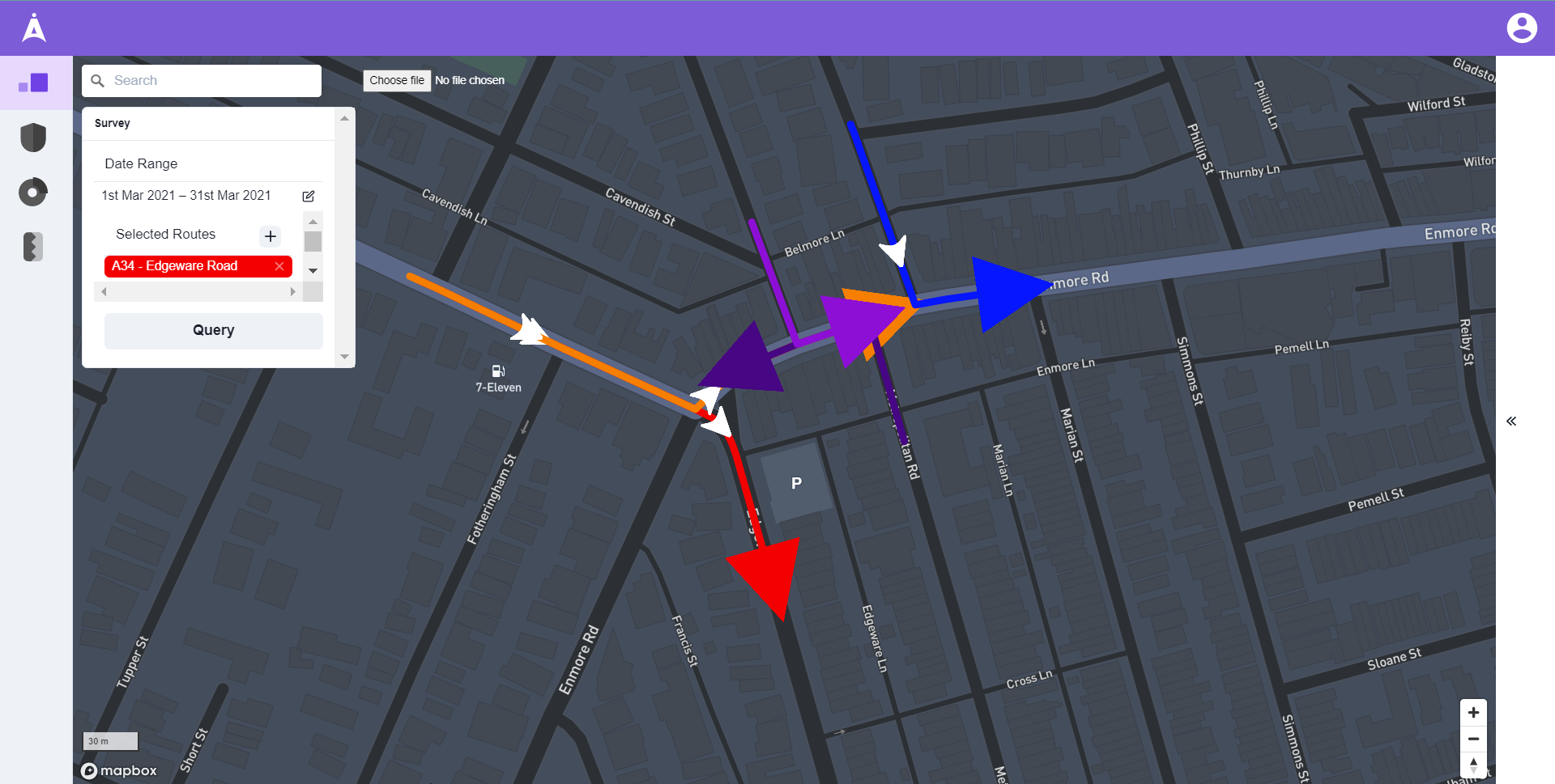 Compass Survey tool with the A34 Edgeware Road route selected, showing direction-of-travel arrows across the Enmore Road intersection