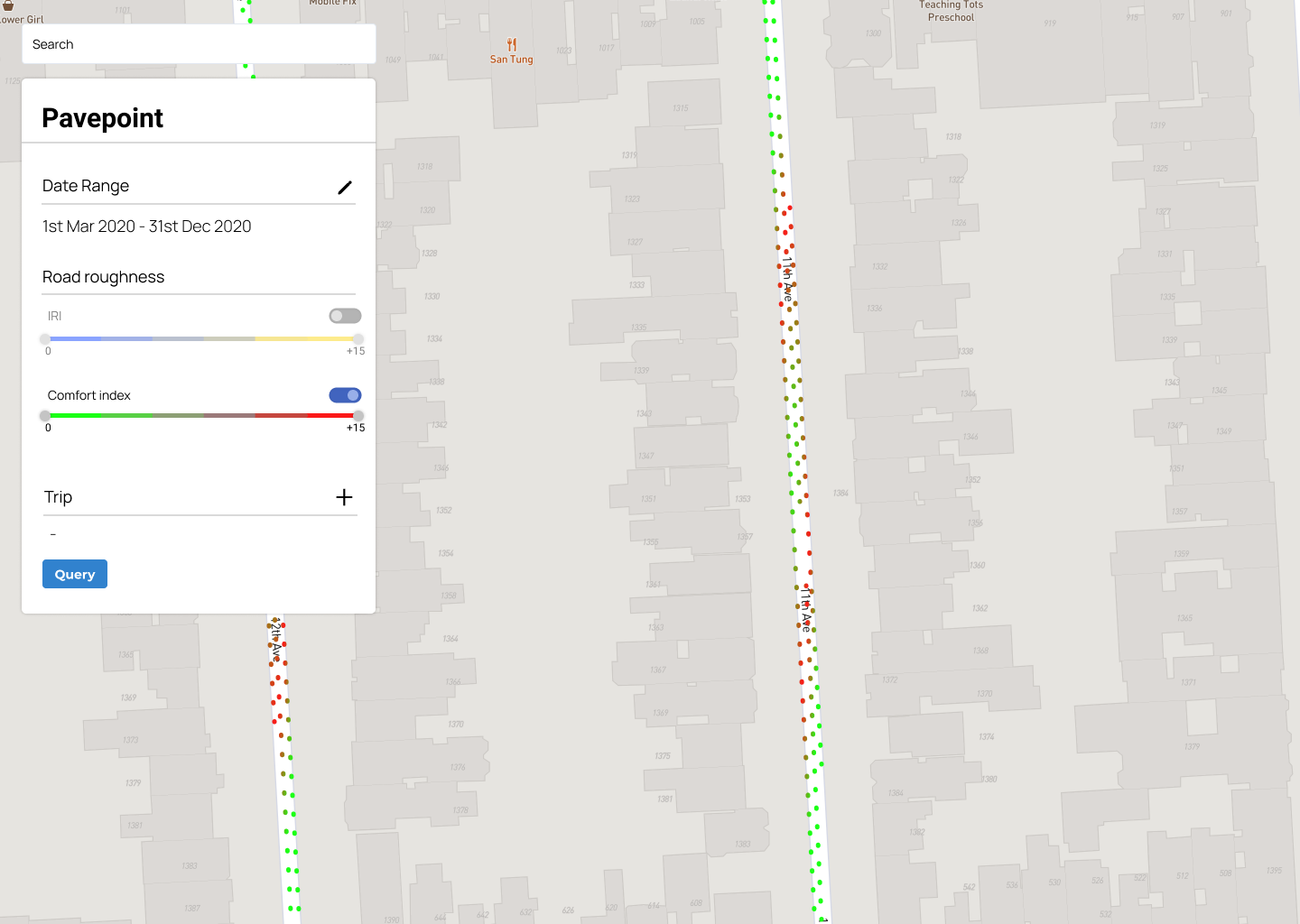 Pavepoint prototype with road roughness and comfort index filters, and a road segment scored from green to red for surface quality