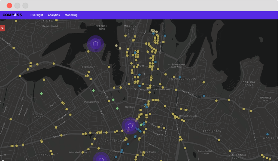 Real-time traffic dashboard showing live vehicle points scattered across inner Sydney
