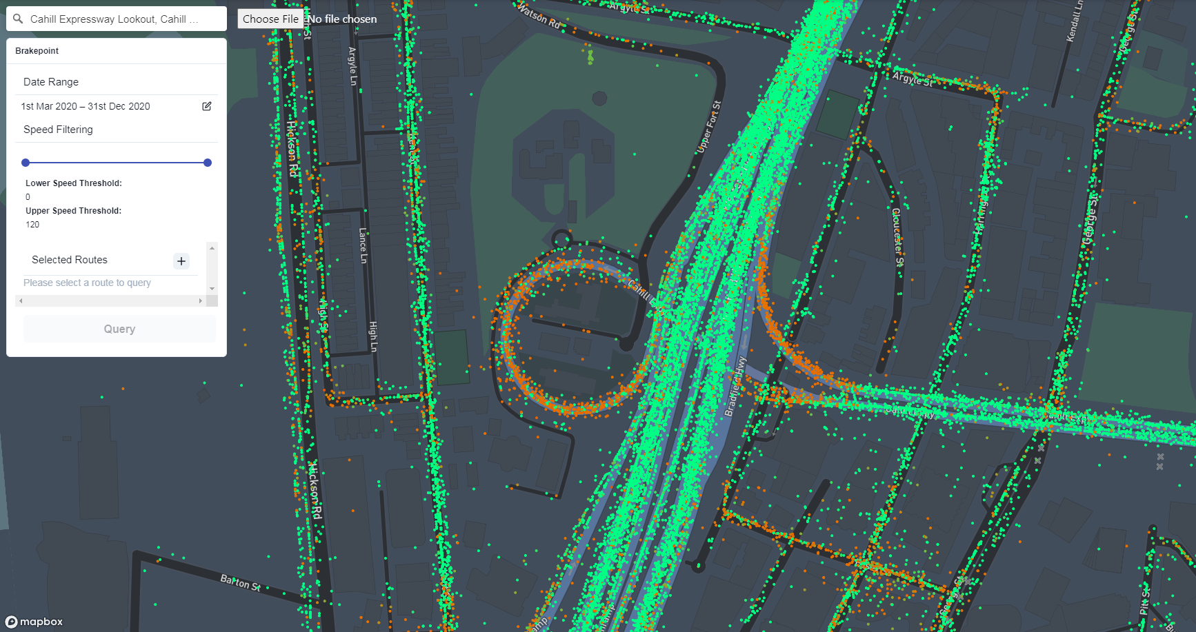Brakepoint (g-force and speeds) showing speed-filtered vehicle points along the Cahill Expressway in Sydney