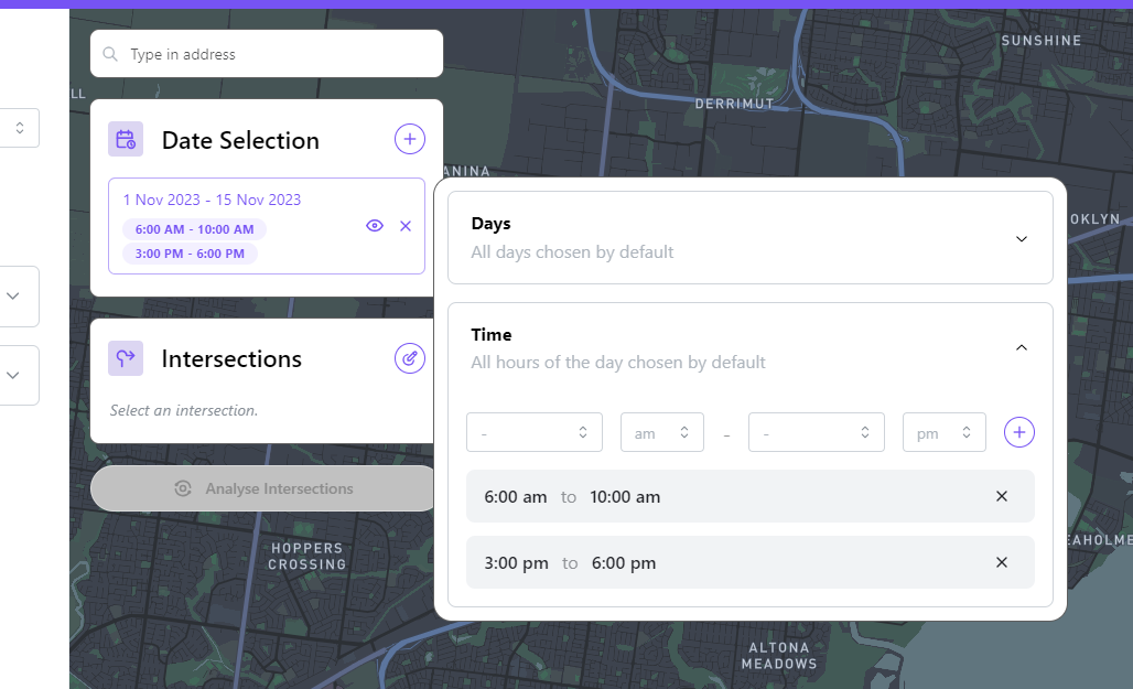 Intersection Analysis time filter set to 6am–10am and 3pm–6pm across 1–15 November 2023