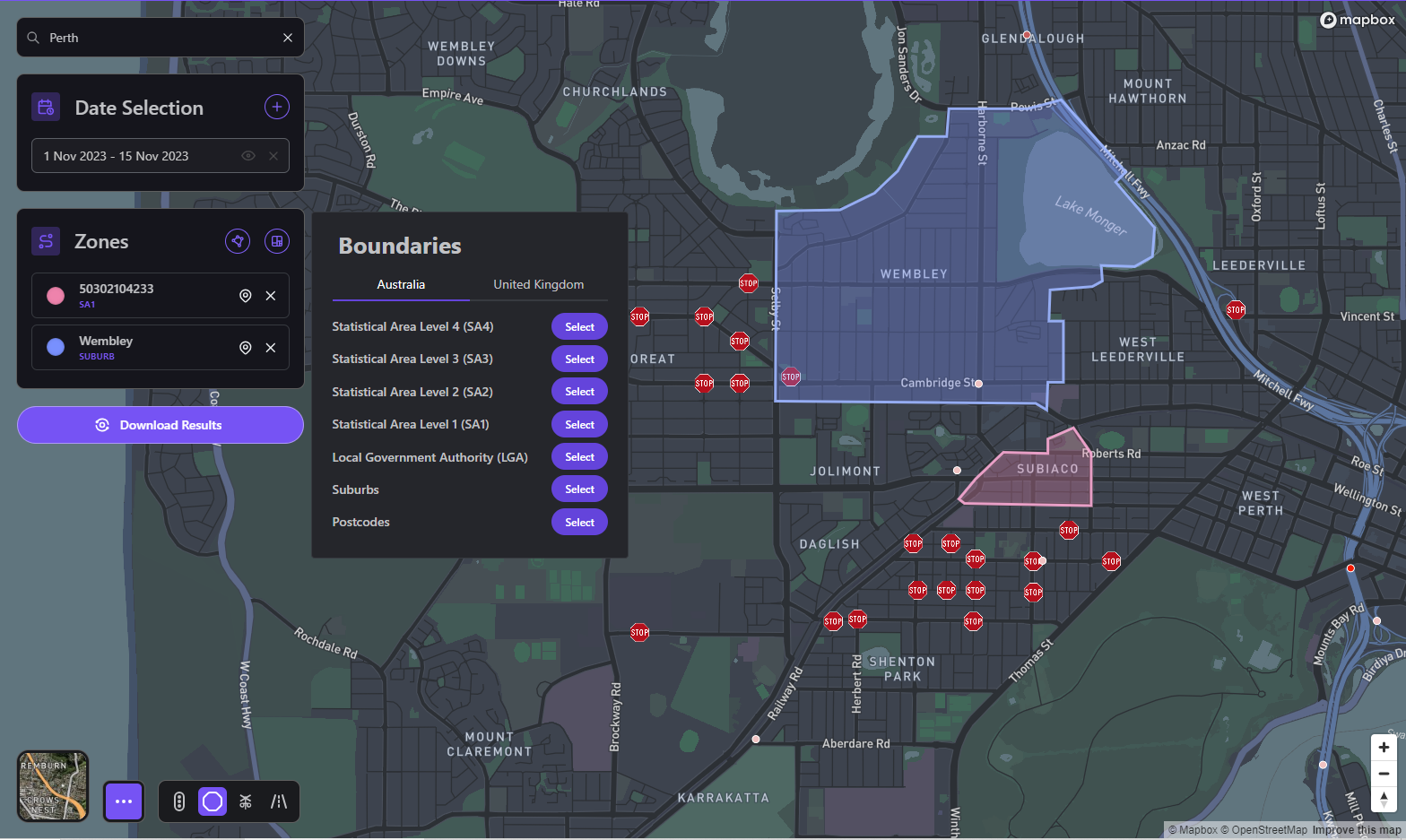 Boundary selection panel offering statistical areas, local government areas, suburbs and postcodes, with a Perth suburb boundary highlighted