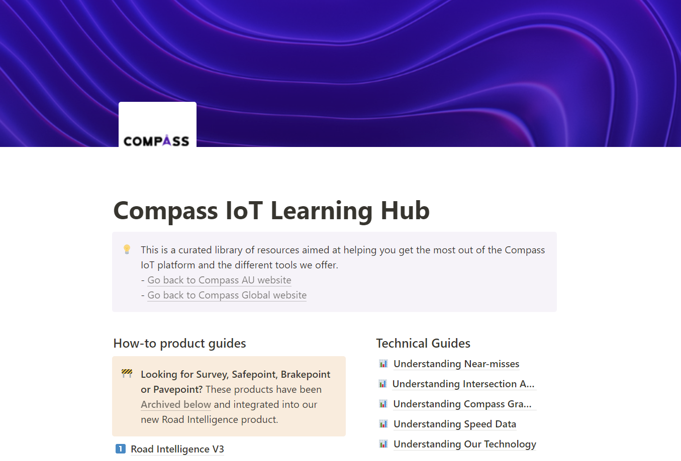 The Compass IoT Learning Hub, listing how-to product guides and technical guides