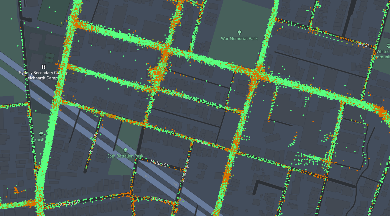 Brakepoint (g-force and speeds) map of streets around Leichhardt, with recorded g-force points shaded green through orange by severity