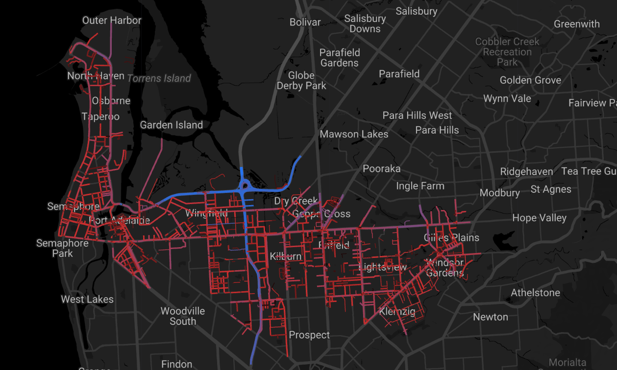 Speed dashboard prototype showing the Adelaide road network in red, with one corridor highlighted in blue