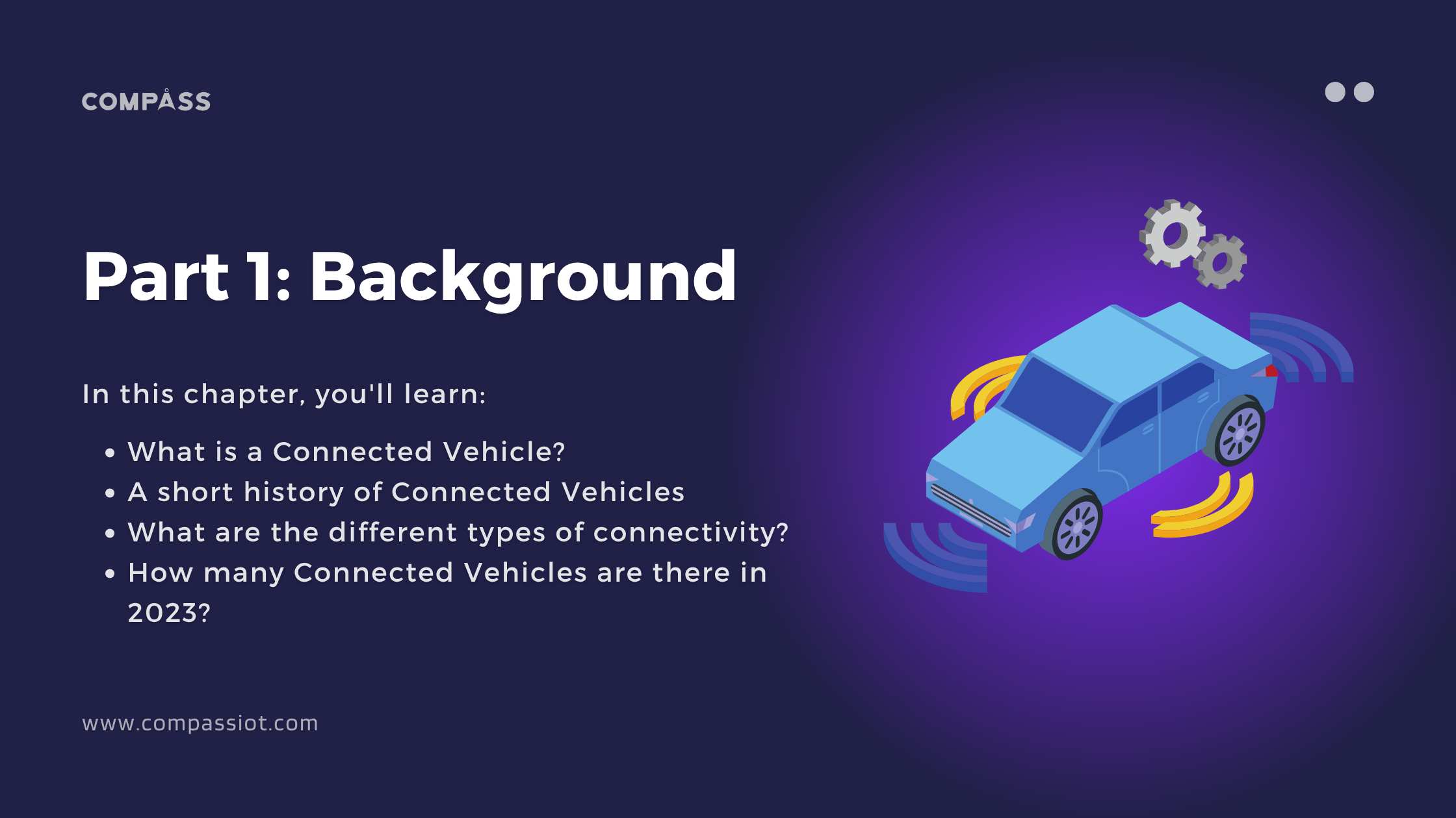 Chapter title slide, Part 1: Background — what a connected vehicle is, a short history, the types of connectivity, and how many connected vehicles exist in 2023