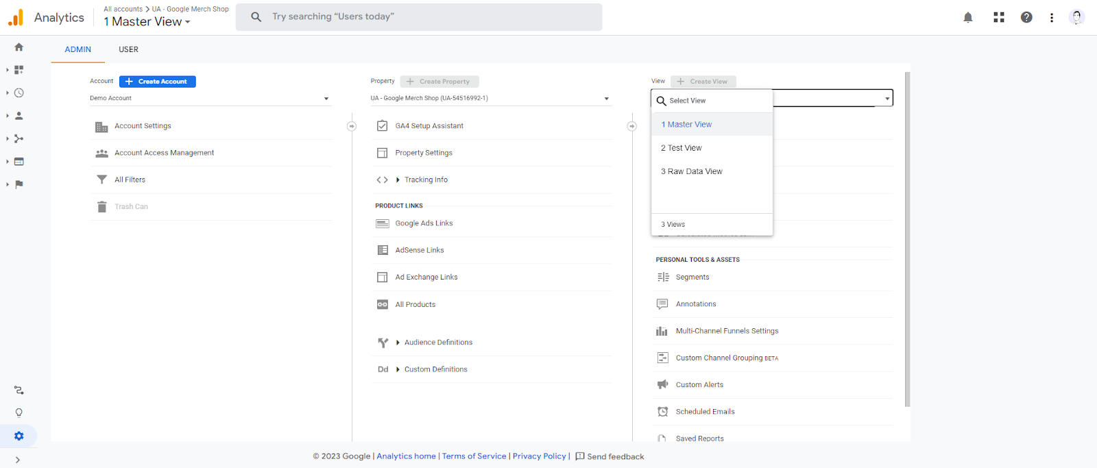 Lista de vistas de Google Analytics Universal