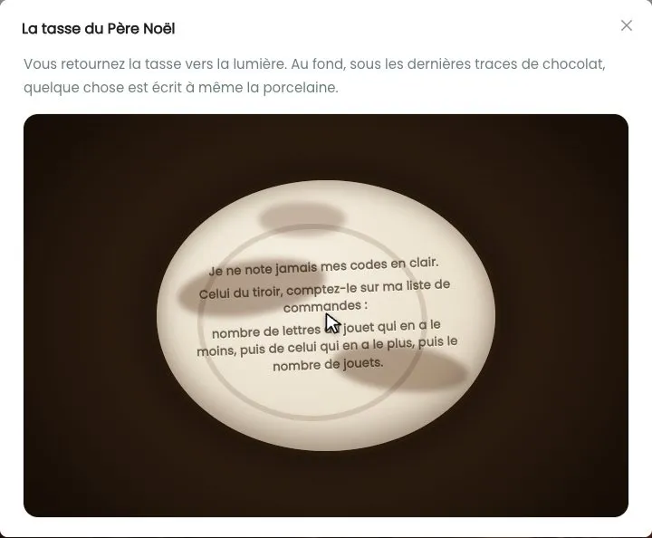 Message caché au fond de la tasse de chocolat du Père Noël