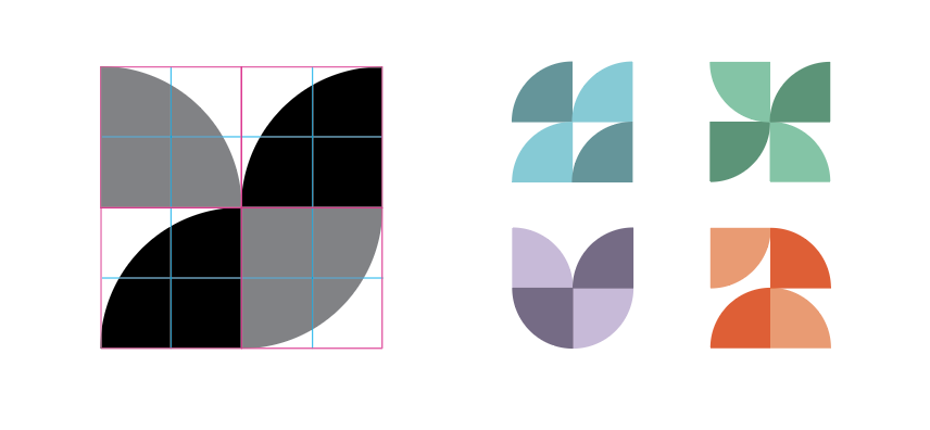 diagram showing modular sub brand system composed out of four quadrants with quarter circles