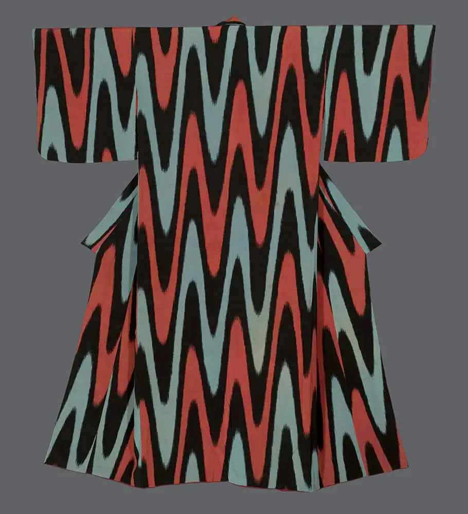 Modernist Japanese Wall Art: Antique 1930s Black Chirimen Silk Kimono. Bold Geometric Chevron Zigzag Pattern in Coral and Sage Green; Futurist and Art Deco Influence; Pre-Op Art Statement Textile for Luxury Decor.