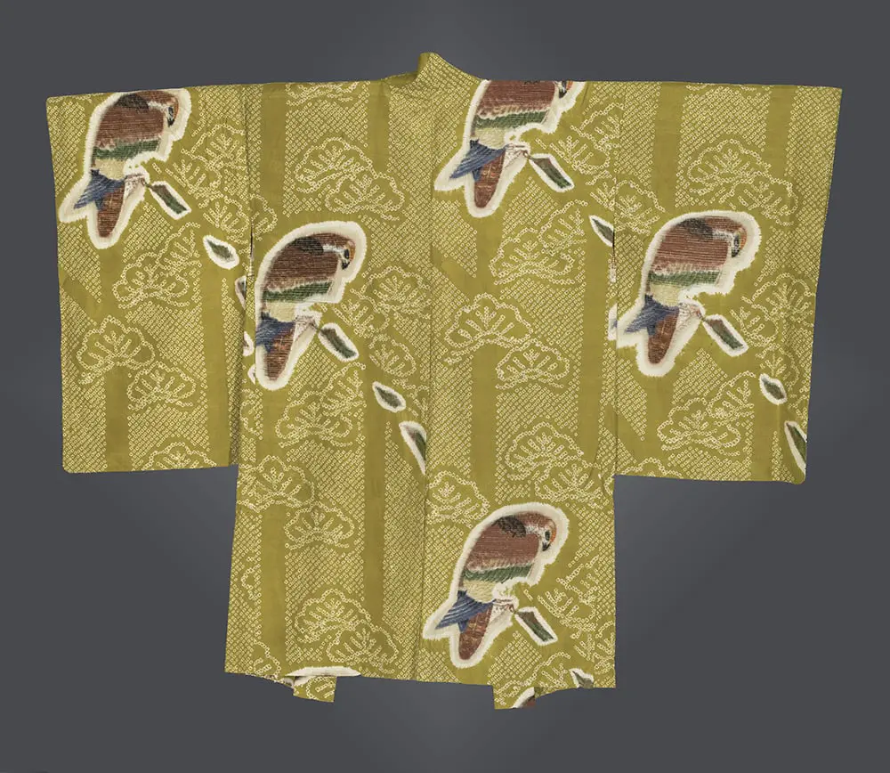 Modernist Japanese Ikat Wall Art: Antique Early Showa Olive Green Silk Haori with E-gasuri Pictorial Parrots and Shibori Pine Trees. Art Deco Exoticism and Tropical Nature Motif; Rare Pictorial Textile for Luxury Maximalist Decor