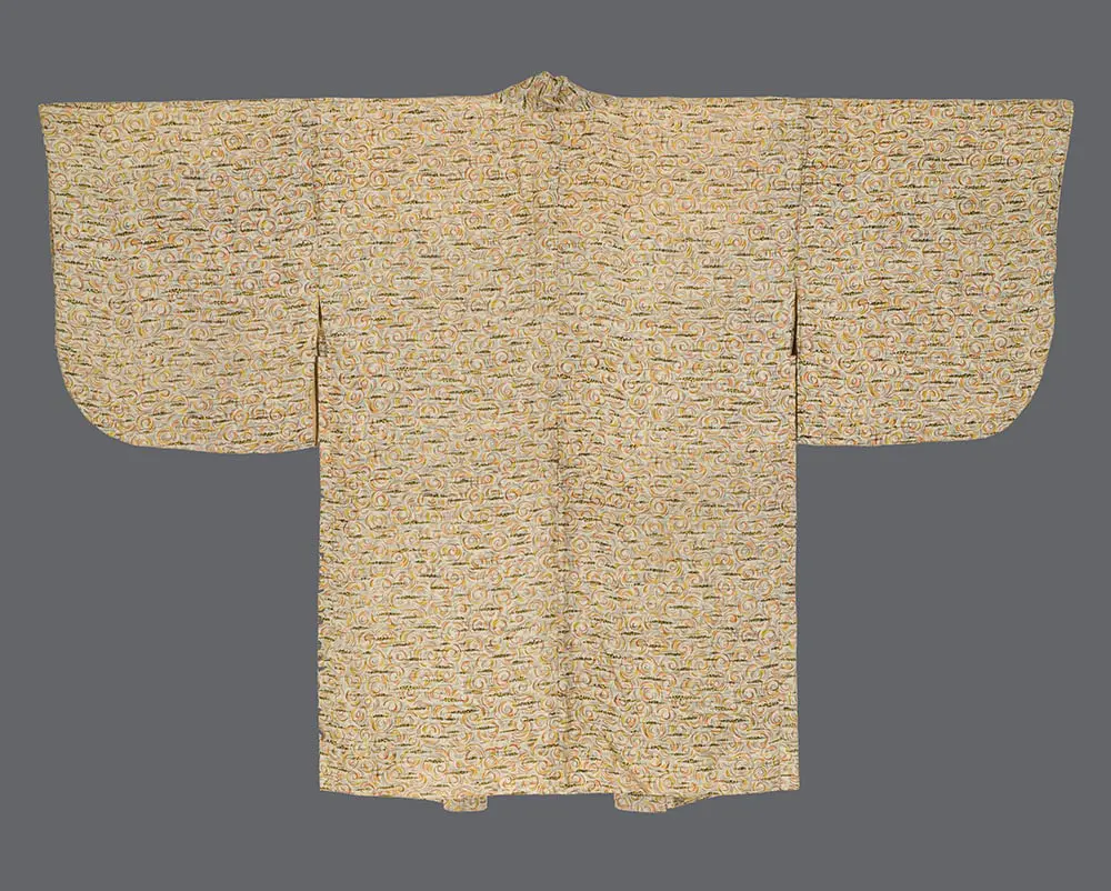 Cream silk haori featuring an all-over abstract pattern of gold and charcoal-grey swirling scrolls.