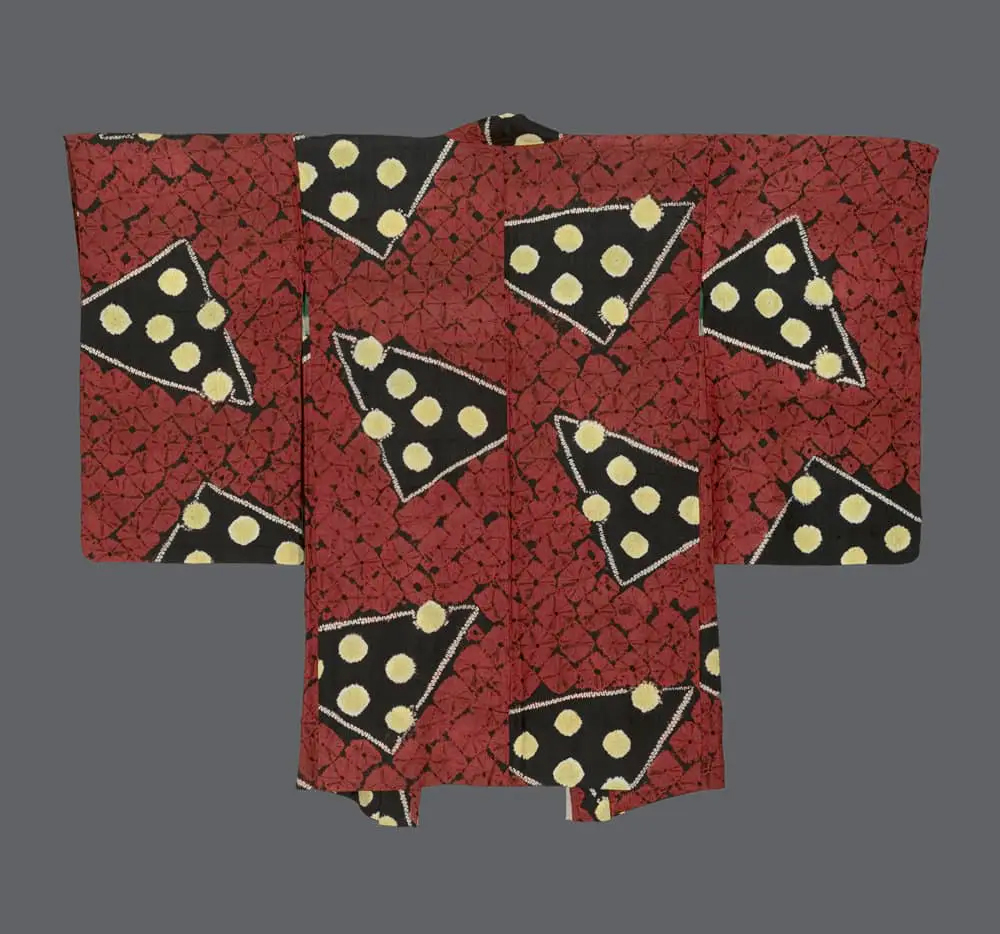 Taisho Haori. Black and Red Shibori Silk with Dynamic Yellow and Black Triangular Motifs for Interior Design.