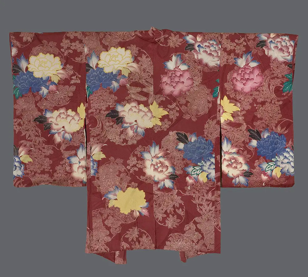 Art Nouveau Haori. Deep Burgundy Silk with Large Cobalt Blue and Yellow Peony Blooms for Interior Design.