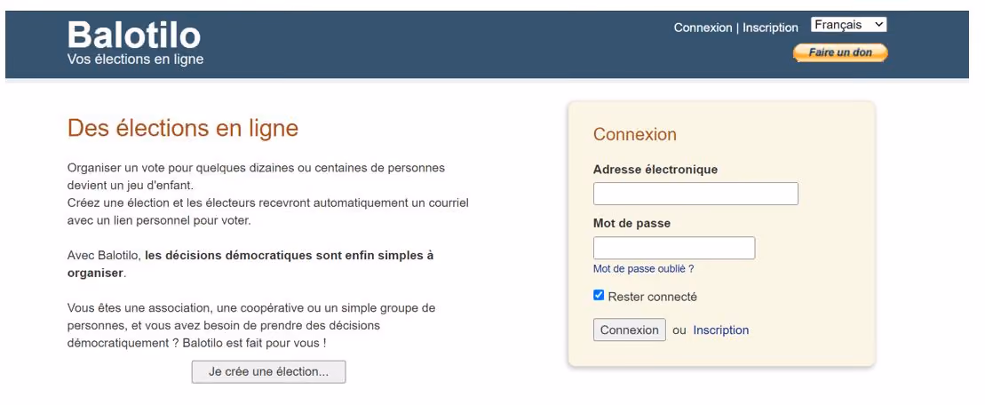 Page de connexion de la plateforme Balotilo, outil de création d'élections en ligne