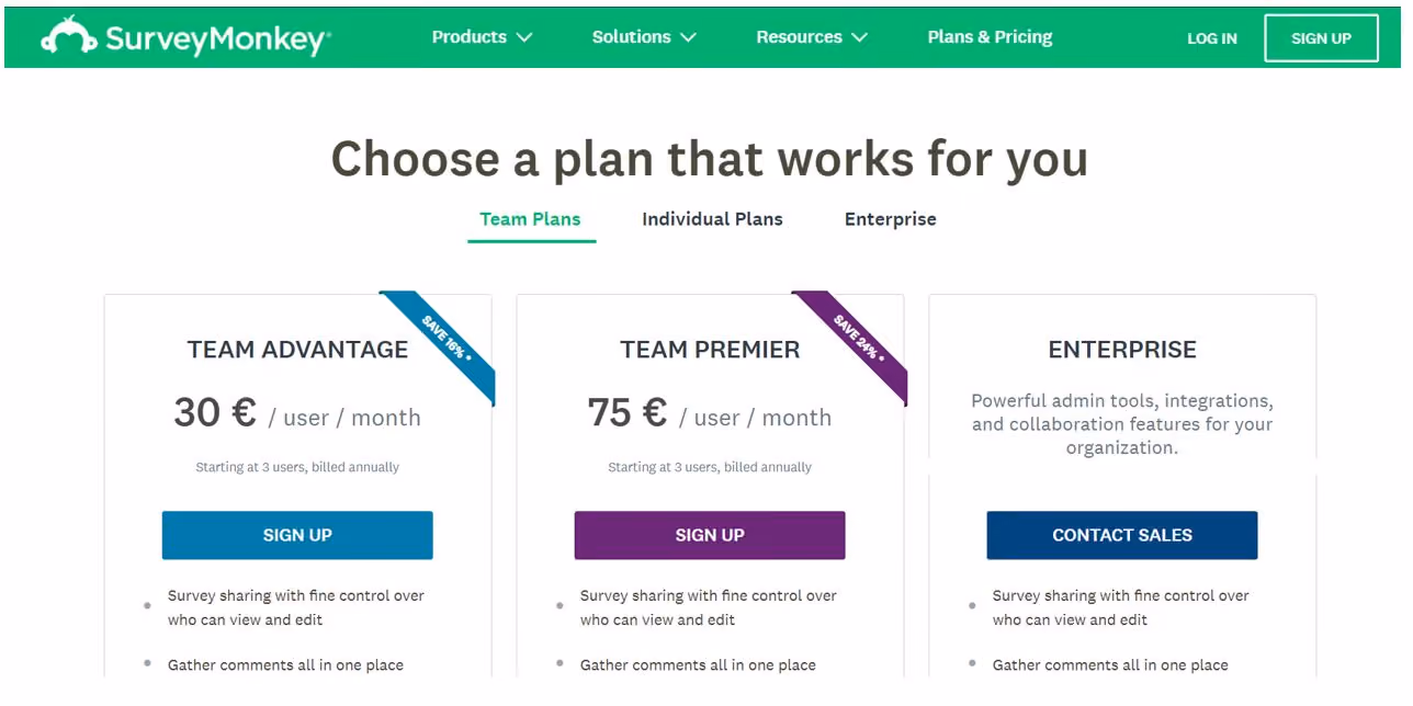 Page tarifs de SurveyMonkey présentant les offres Team Advantage, Team Premier et Enterprise