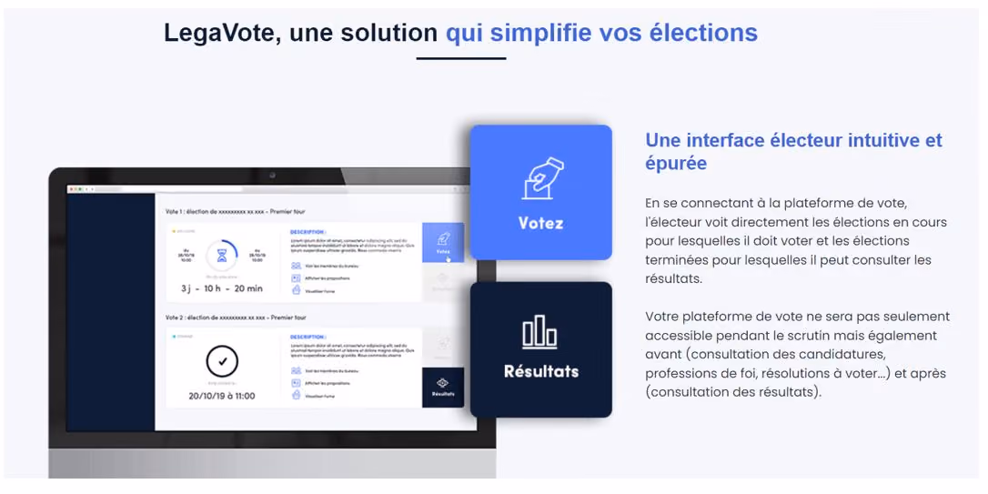 Interface de la plateforme LegaVote avec les fonctions de vote et de consultation des résultats