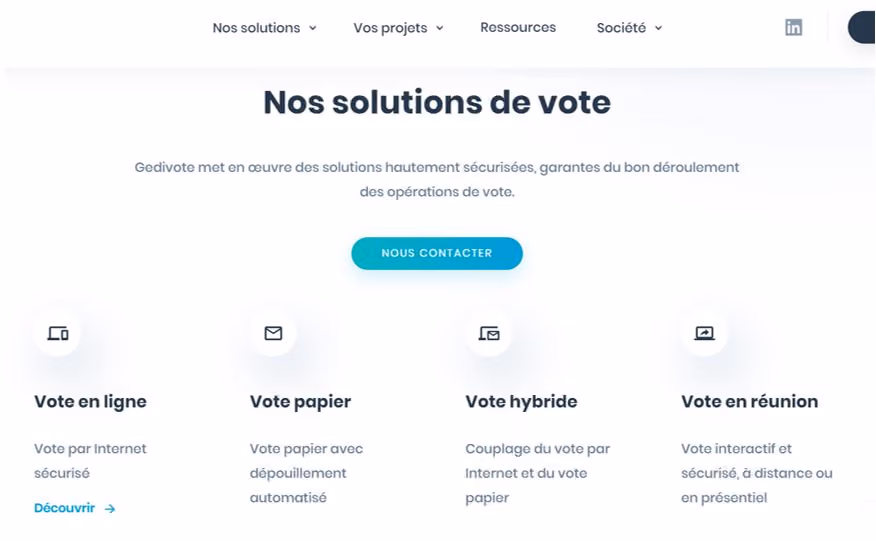 Page d'accueil de Gedivote présentant ses solutions de vote en ligne, papier, hybride et en réunion