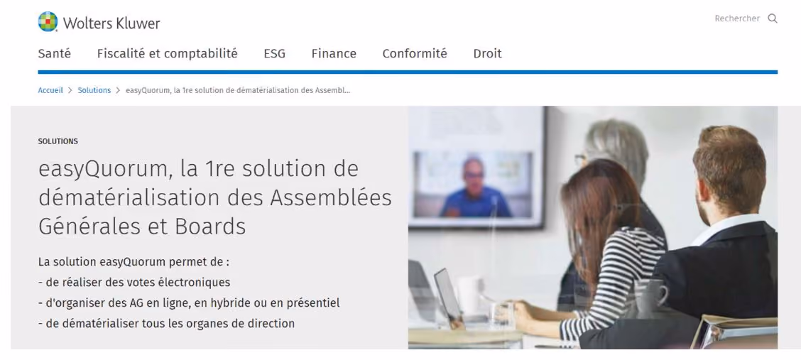 Page du site Wolters Kluwer présentant la solution easyQuorum de dématérialisation des Assemblées Générales
