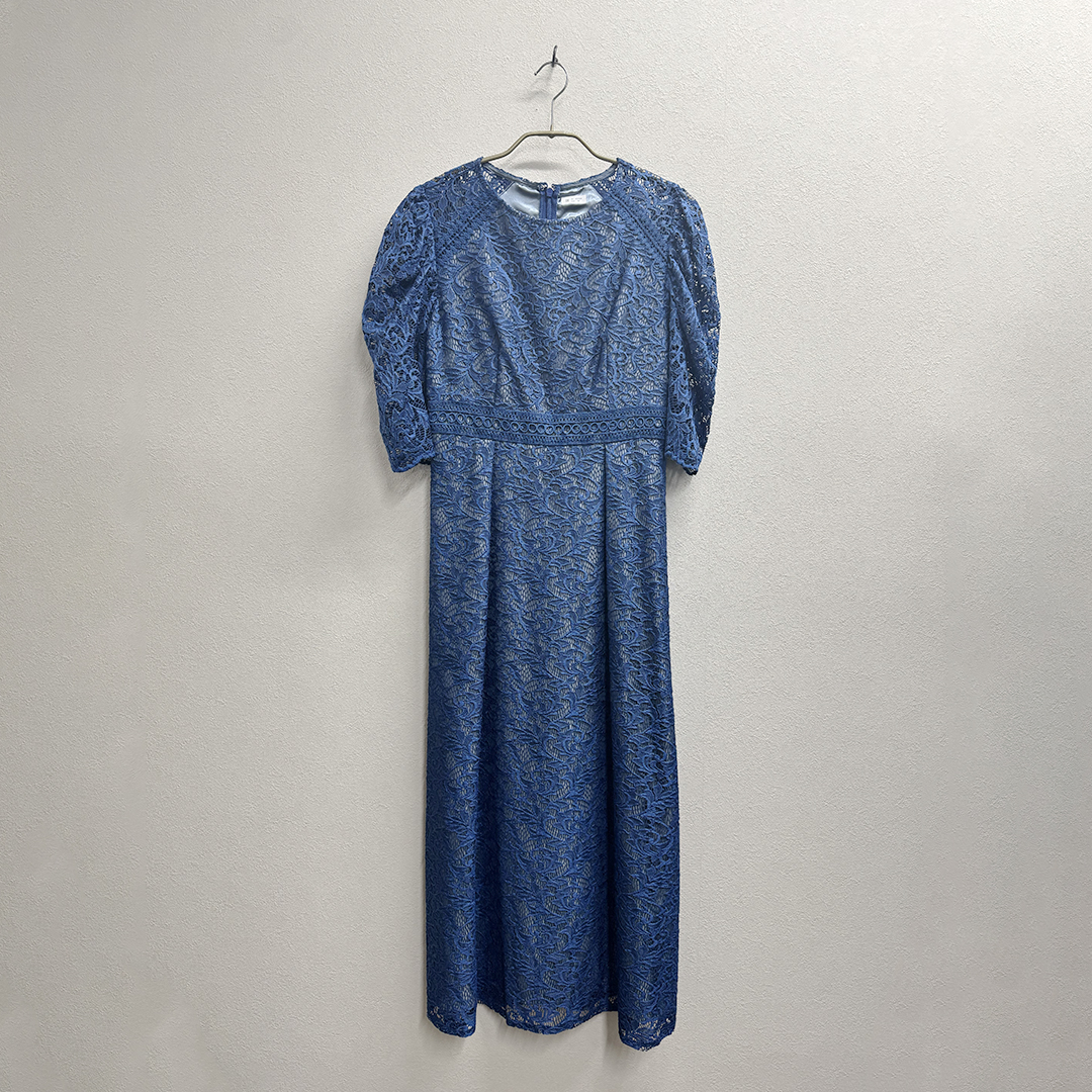 総レース袖付きIラインワンピースドレス M/Freeサイズ ブルー
