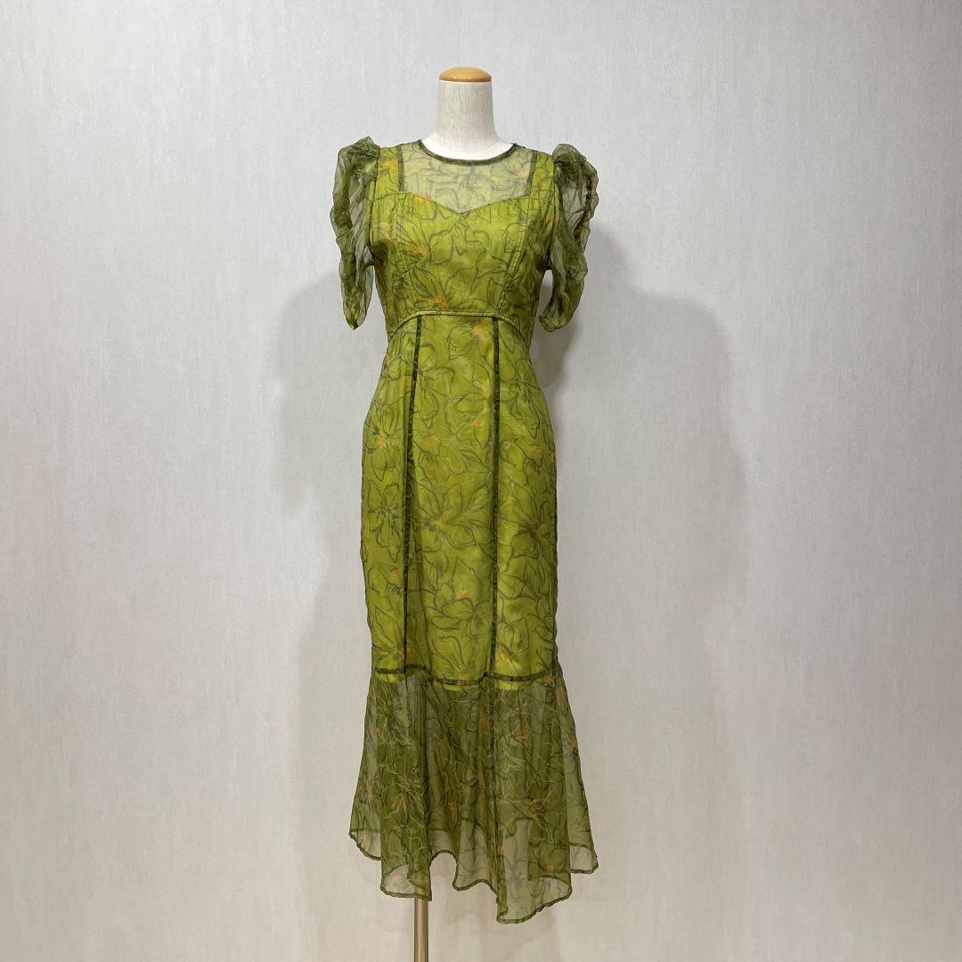 パフスリーブソフトオーガンジードレス Lily Brown Sサイズ グリーン