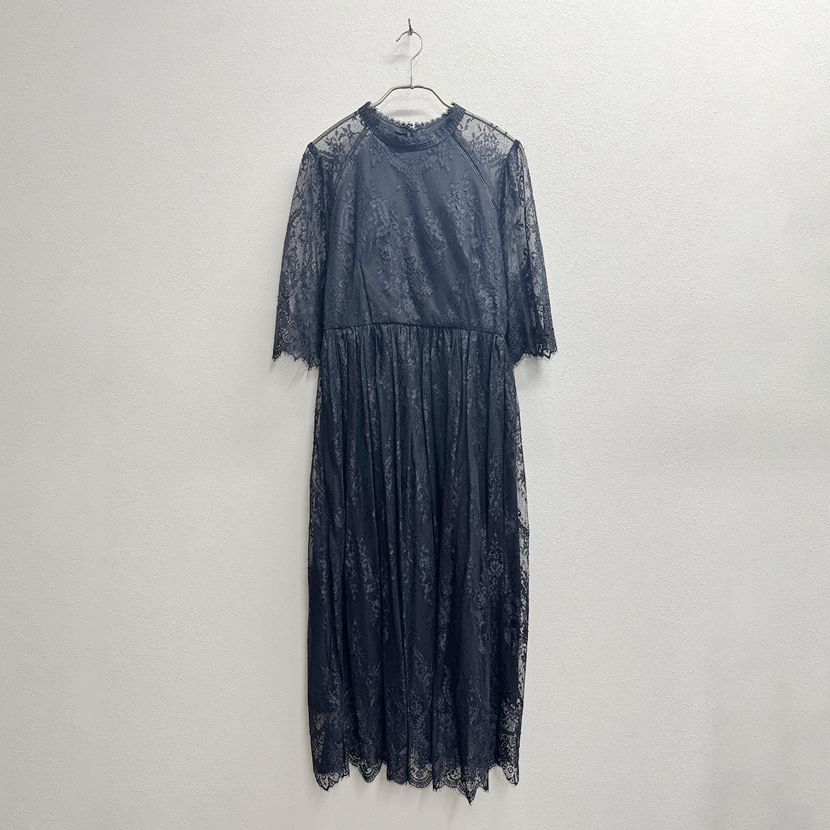 ハイネック5分袖総レースミモレ丈パーティードレス GIRL 1Lサイズ ブラック