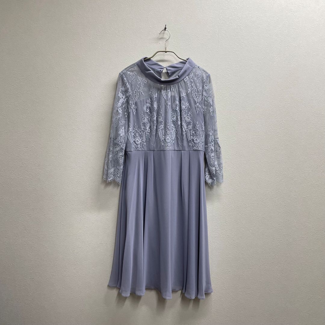  ハイカラーネック　シアースリーブ切替ワンピースドレス Dorry Doll 2Lサイズ ブルー