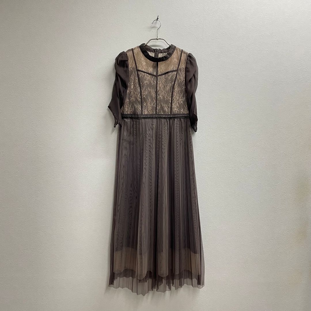 パフショルダーチュールプリーツスカートワンピースドレス GIRL 2Lサイズ ブラウン