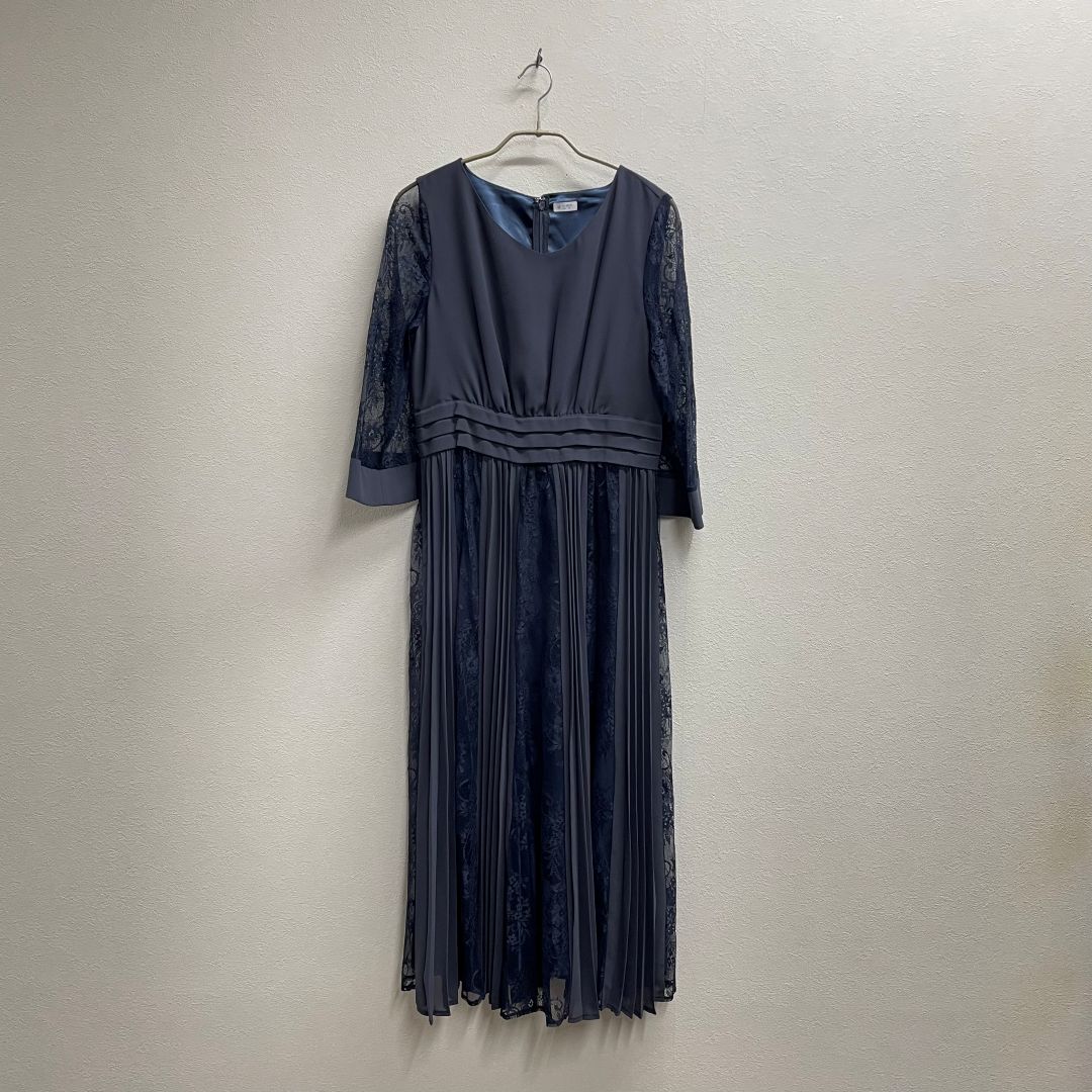 プリーツ×レース 7分袖ドレス Dorry Doll 2Lサイズ ネイビー