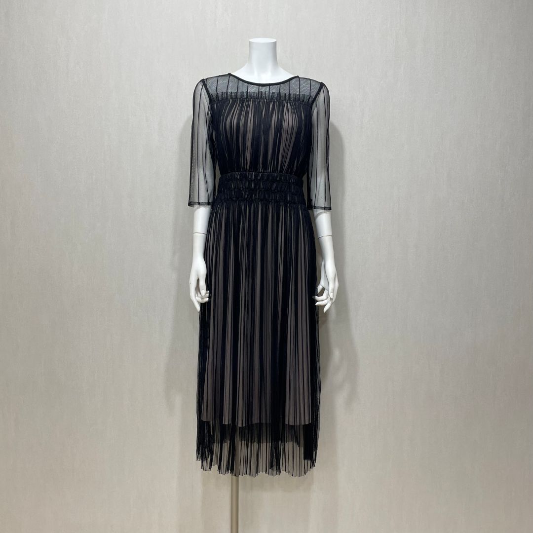 チュールストライププリーツドレス Je super Sサイズ ブラック