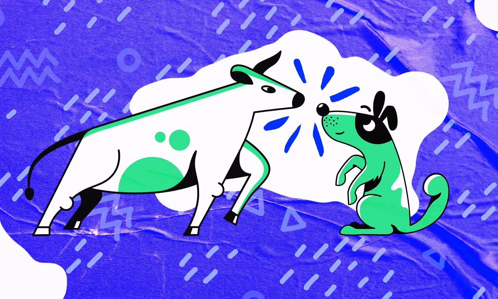 A cow and a dog are facing each other