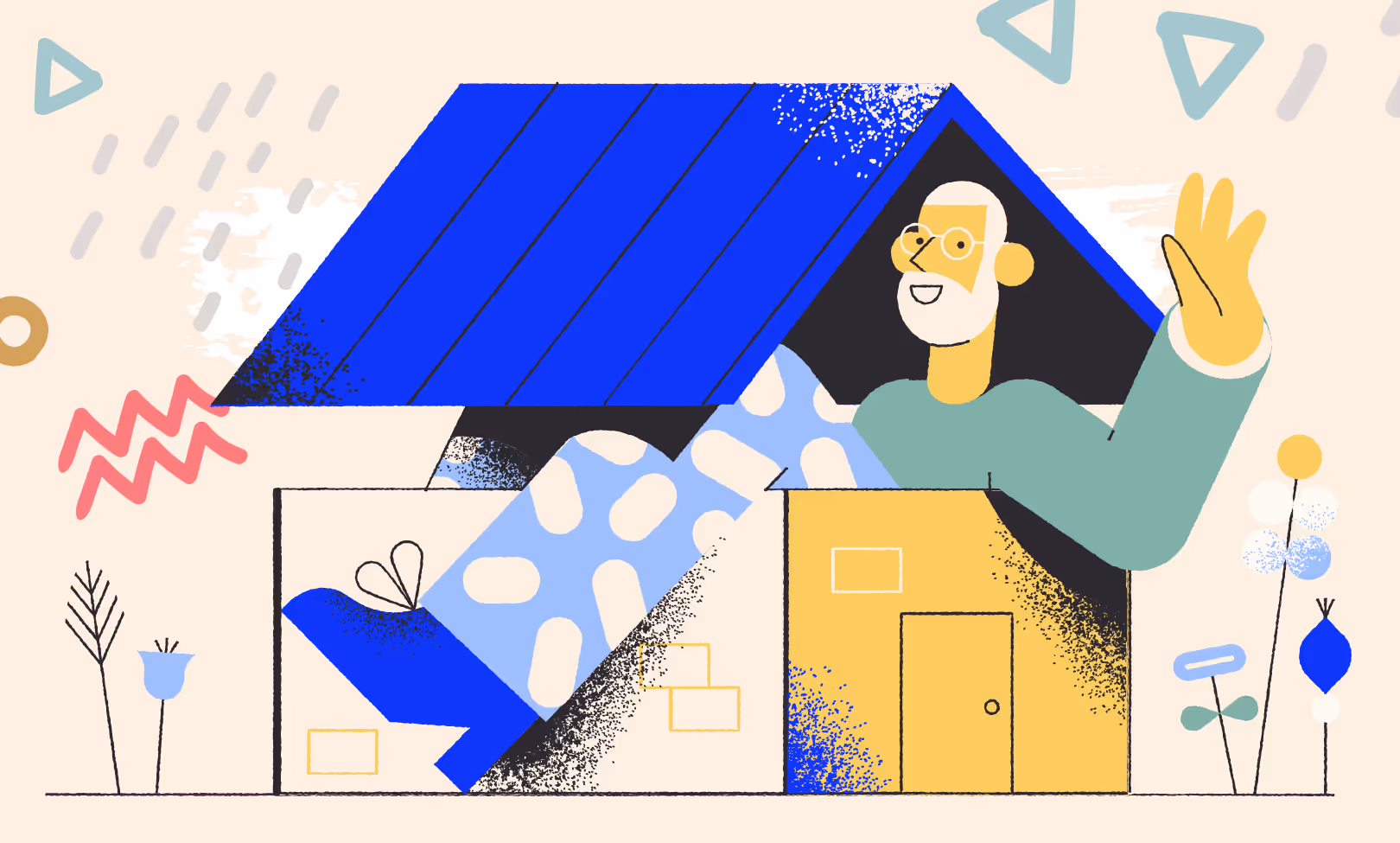 A drawing of a man in a blue house