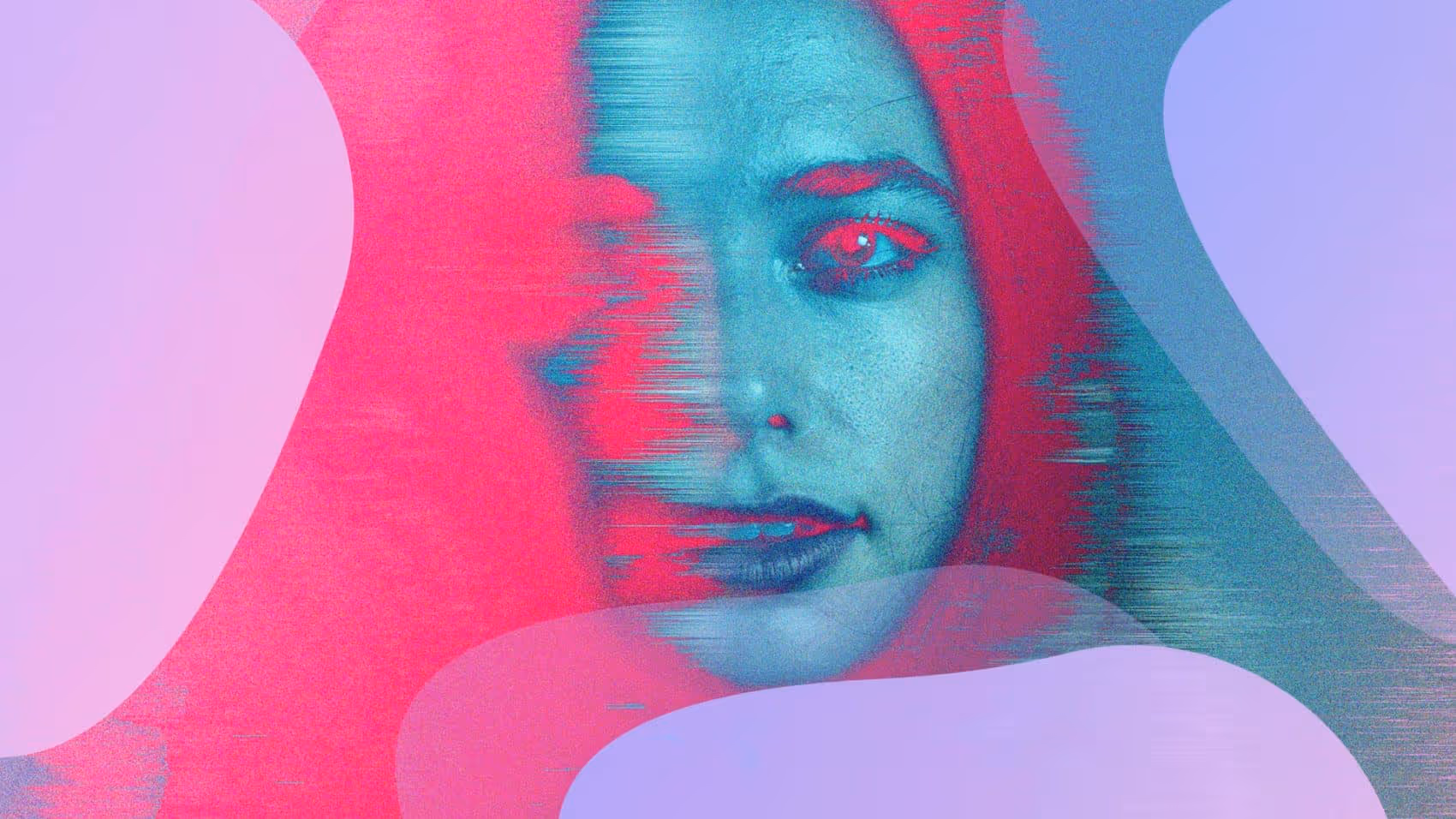 A woman's face with red eyes and blue hair