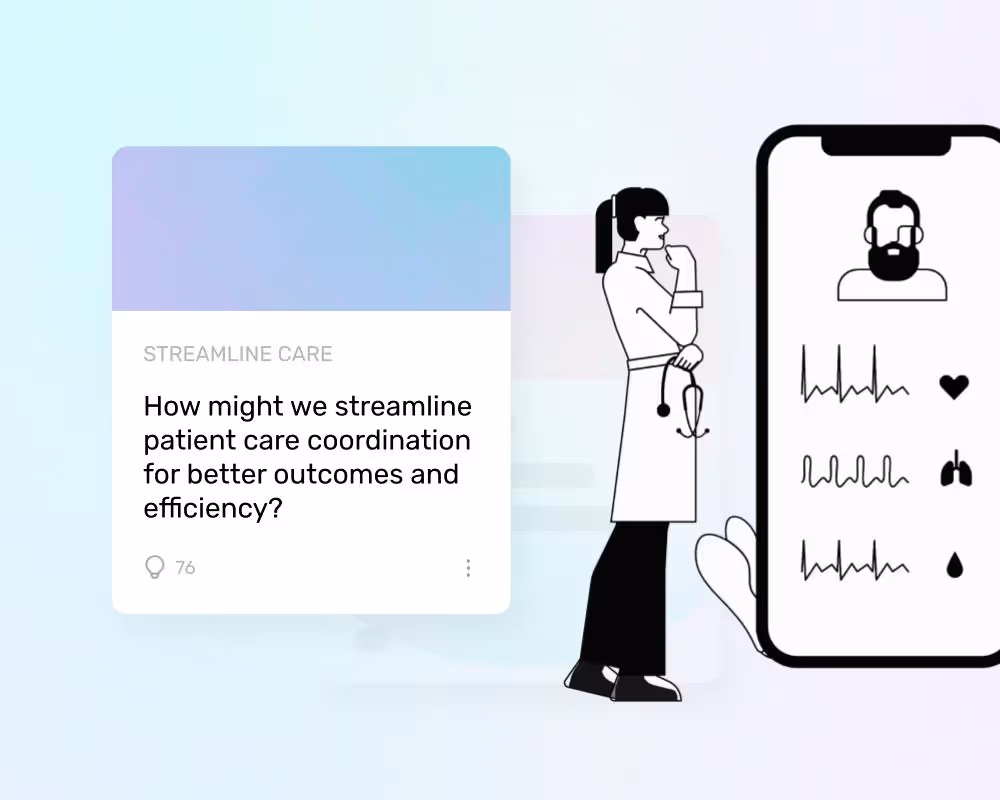 a doctor looking at patient info and a ui element showing a health related innovation question