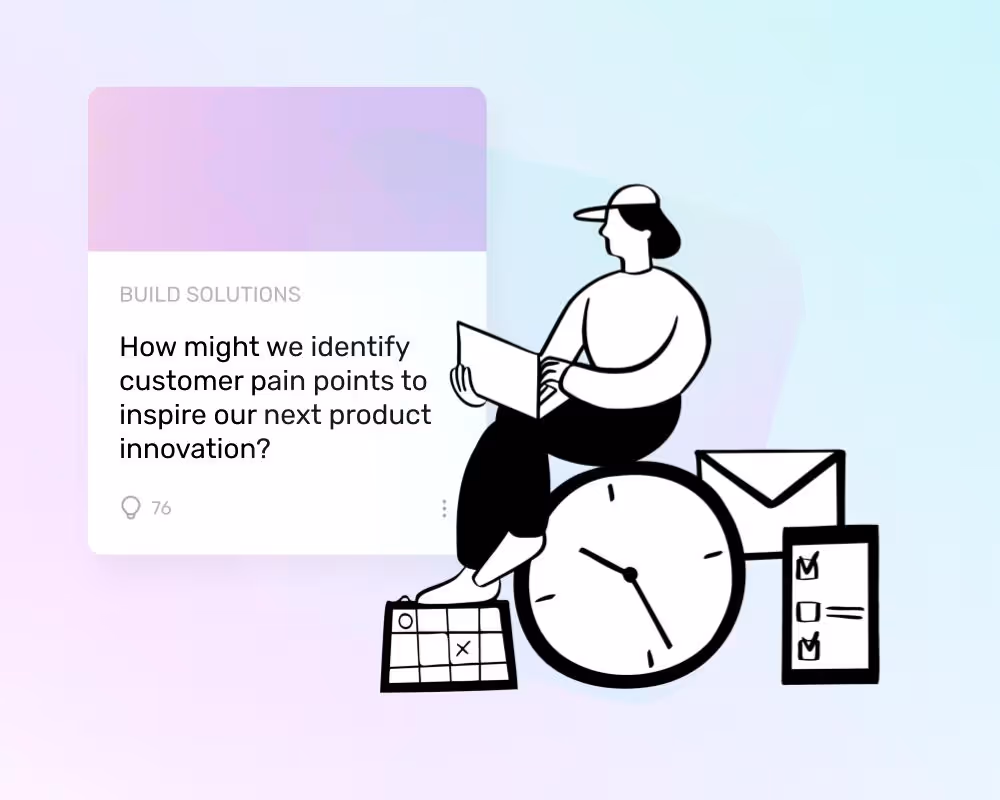 a person working as a product manager, line art in front of software ui screenshot and gradient background