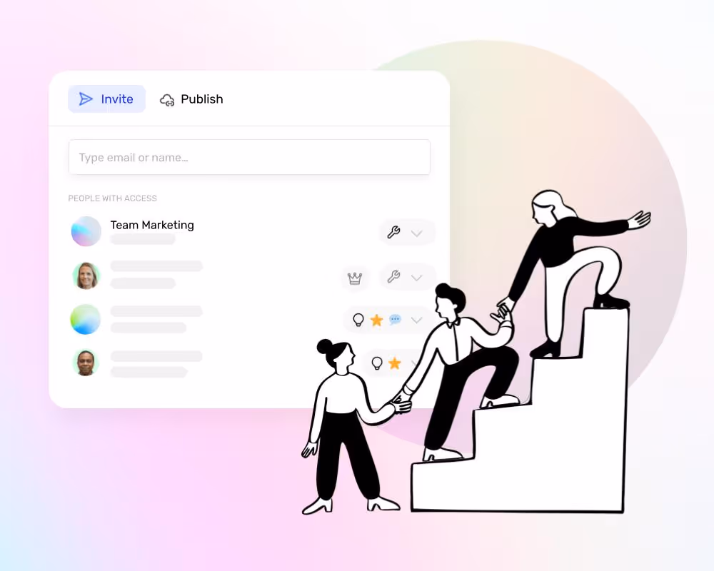 people on a staircase, signifying growth and collaboration on pink gradient background with ui of a list of people