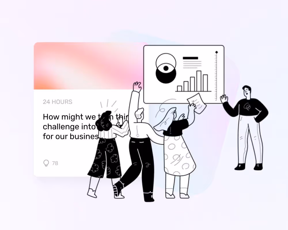 people presenting an idea for a new innovation at a pitch event, line art