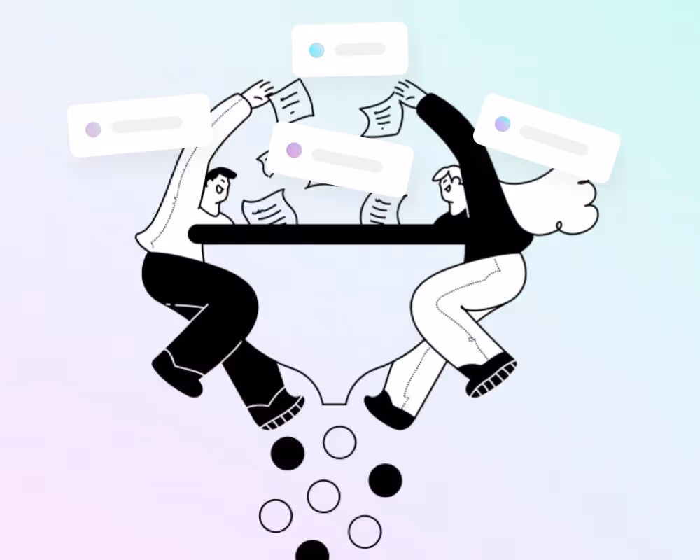 people piling ideas into the top of an innovation funnel, line-art illustration