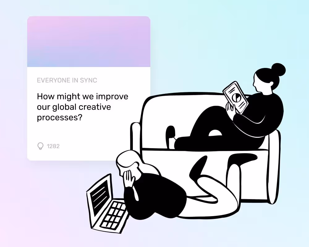 illustration of people working on laptops at home, submitting an idea to an idea collection, line art and UI