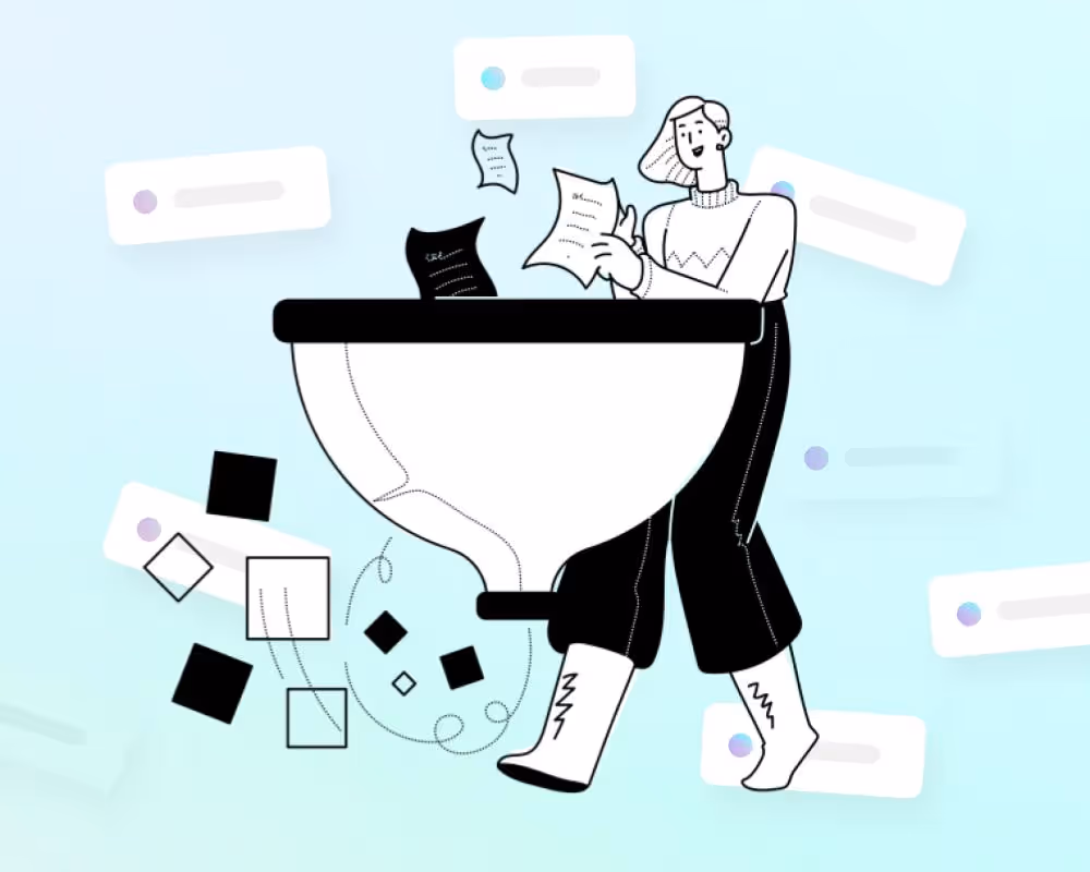 a person adding ideas to a funnel, Ui in the background