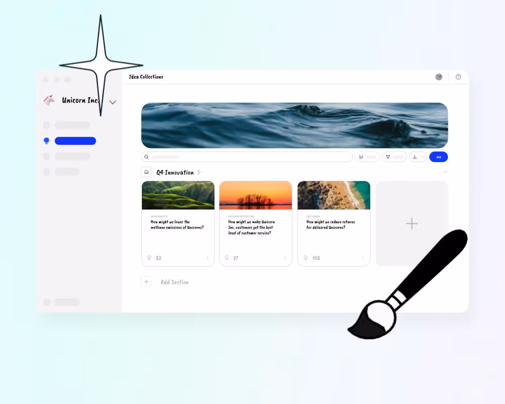 illustration of an innovation workspace by Ideanote that can be styled, showing different fonts and colors than usual