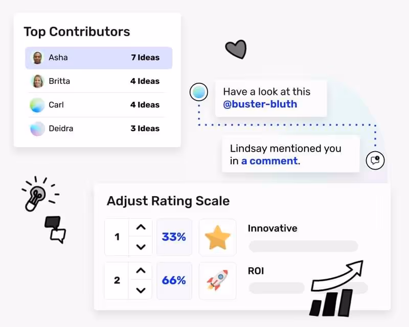 illustration of various idea management tools like idea rating and other UI elements