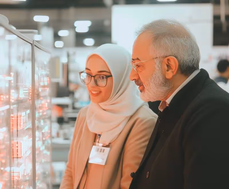 two people in Jeddah looking at tech at a conference