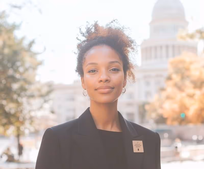 a portrait of a person working in government, in front of the capitol