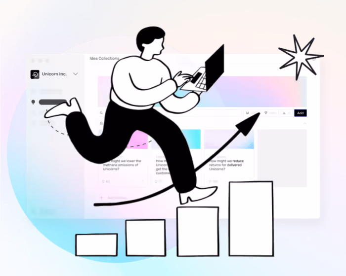 illustration of a person drawn in line-art style running upwards on a growth chart in front of a ui illustration of the Ideanote innovation platform in a browser window