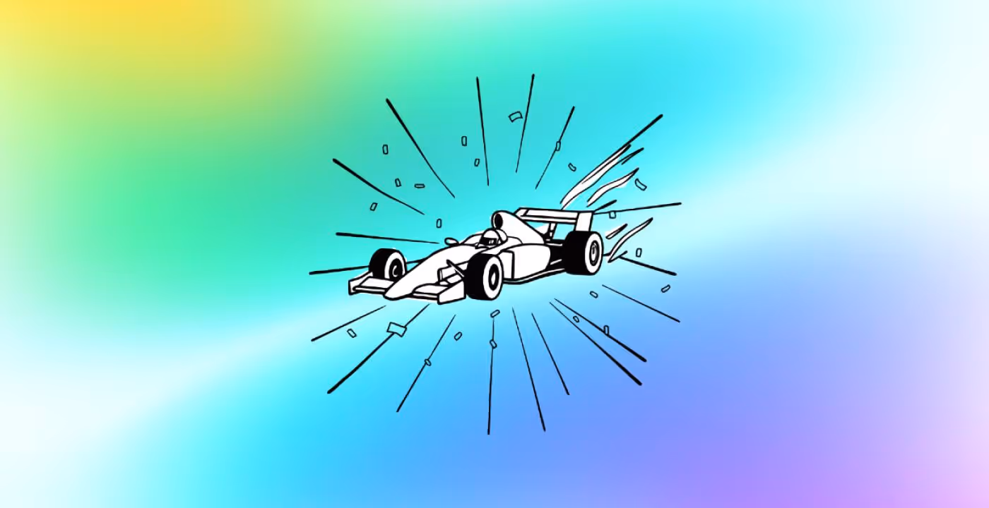 A drawing of a race car crashing through the air