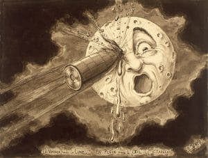 A drawing of a man's face with a telescope in his mouth