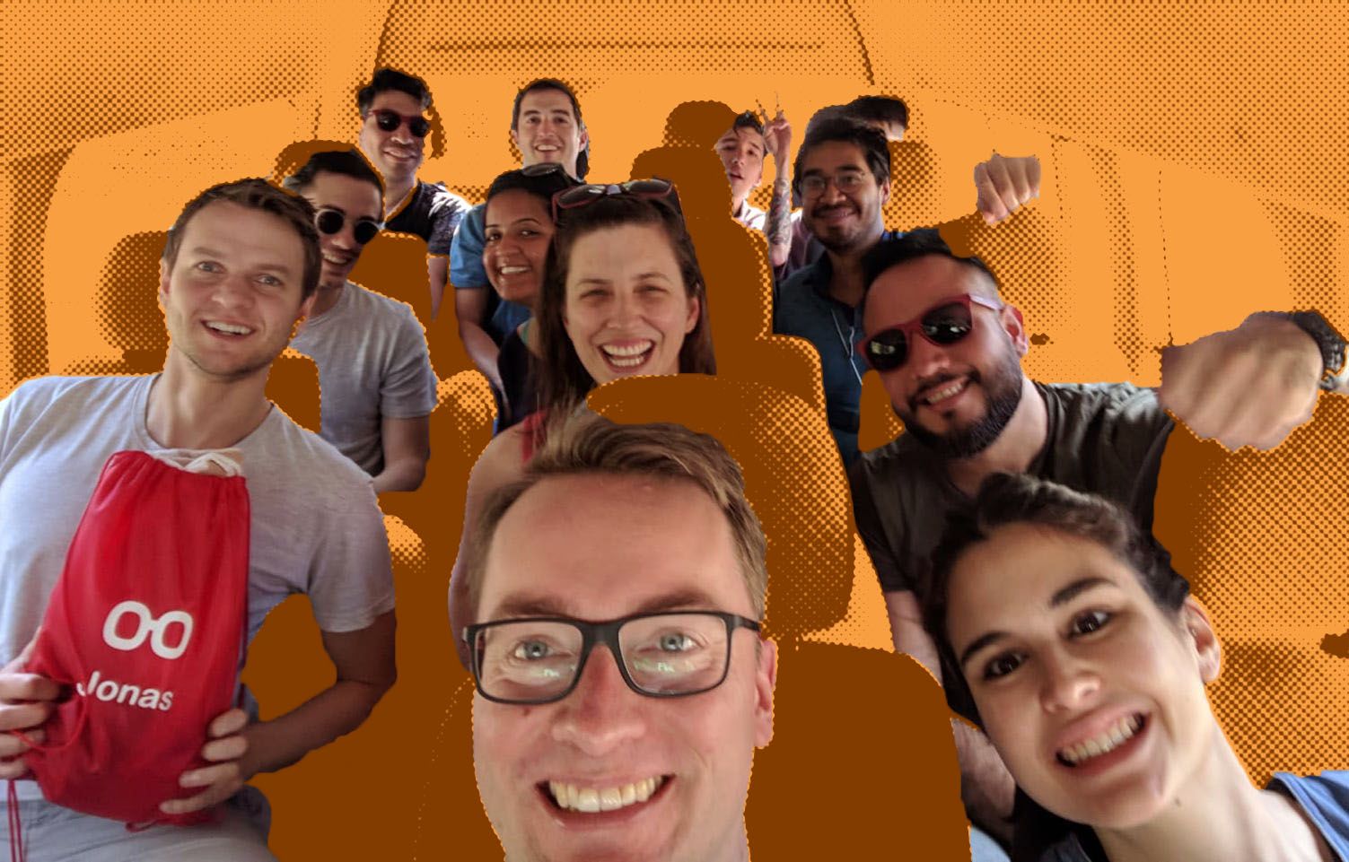 A collage of a group of people posing for a picture